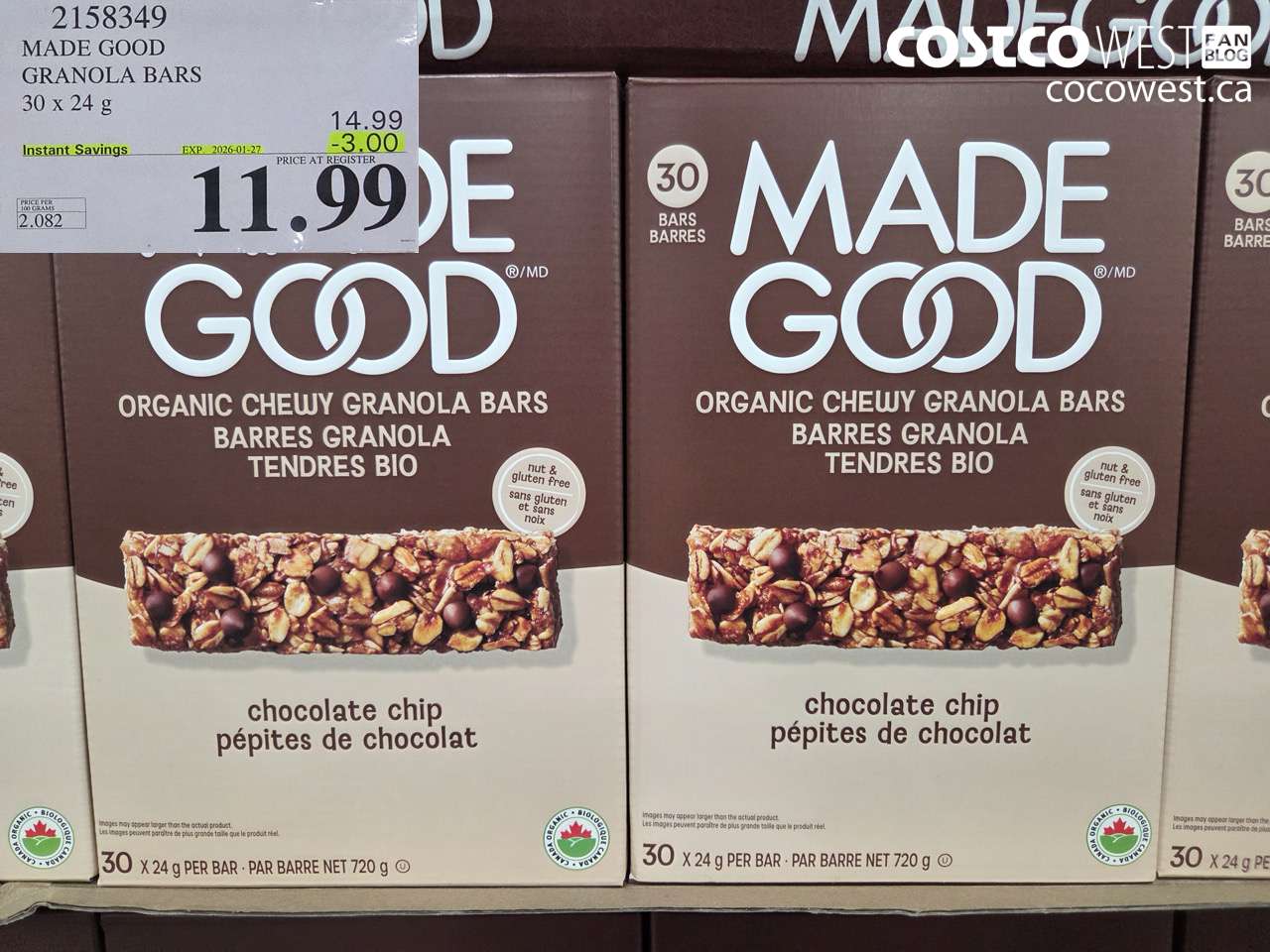 2158349 MADE GOOD ORGANIC GRANOLA BARS 30 X 24G ($3.00 INSTANT SAVINGS EXPIRES ON 2026-01-27) $11.99