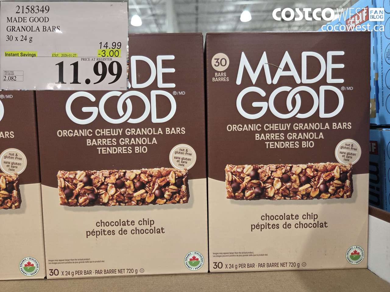 2158349 MADE GOOD ORGANIC GRANOLA BARS 30 X 24G ($3.00 INSTANT SAVINGS EXPIRES ON 2026-01-27) $11.99