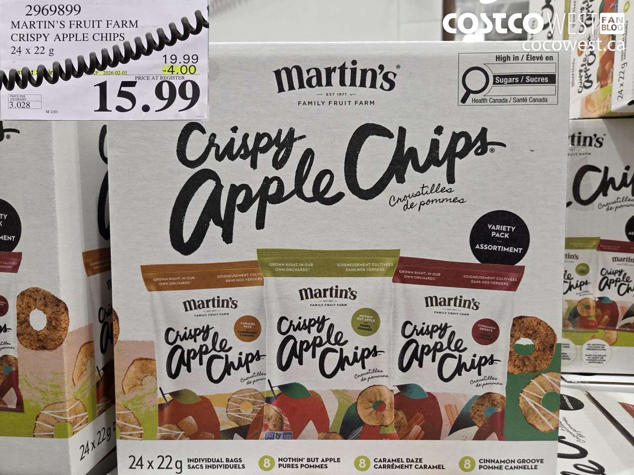 2969899 MARTIN'S FRUIT FARM CRISPY APPLE CHIPS 24 x 22 g ($4.00 INSTANT SAVINGS EXPIRES ON 2026-02-01) $15.99