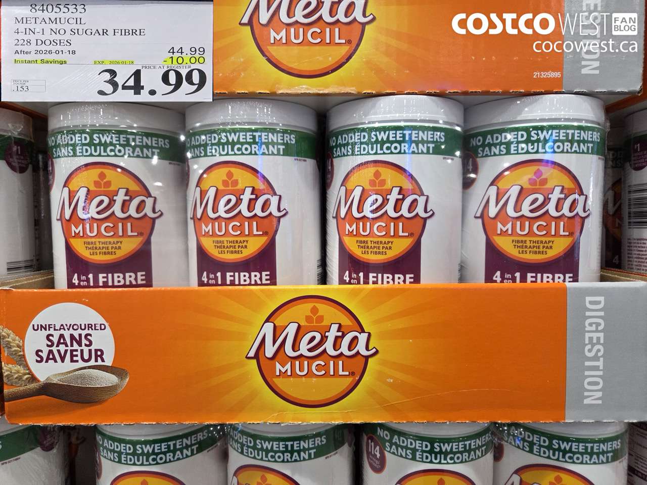 8405533 METAMUCIL 4-IN-1 NO SUGAR FIBRE 228 DOSES ($10.00 INSTANT SAVINGS EXPIRES ON 2026-01-18) $34.99