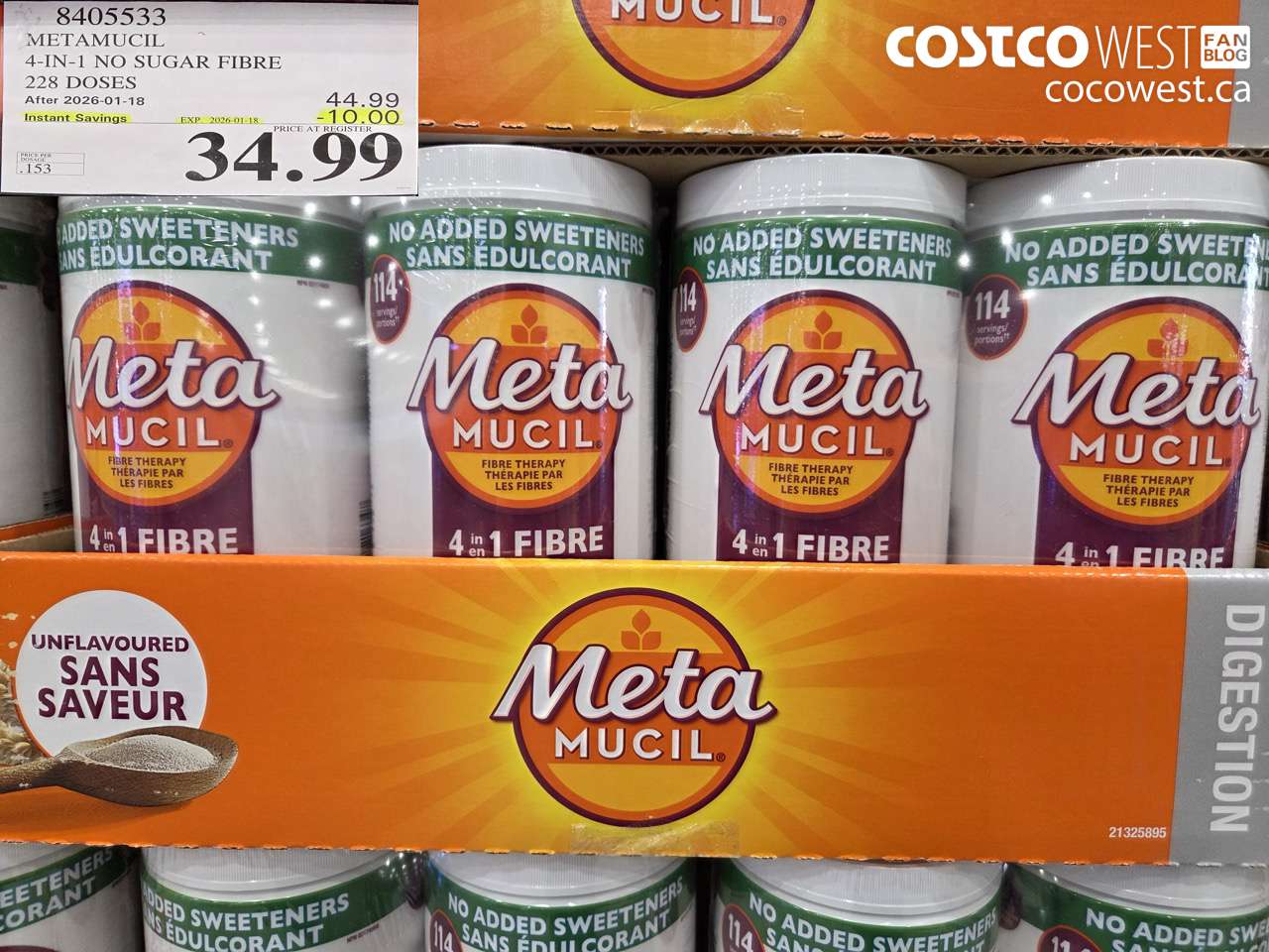 8405533 METAMUCIL 4-IN-1 NO SUGAR FIBRE 228 DOSES ($10.00 INSTANT SAVINGS EXPIRES ON 2026-01-18) $34.99