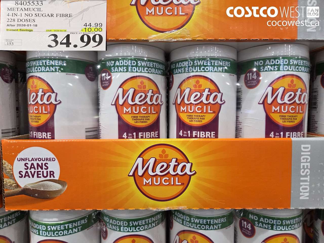 8405533 METAMUCIL 4-IN-1 NO SUGAR FIBRE 228 DOSES ($10.00 INSTANT SAVINGS EXPIRES ON 2026-01-18) $34.99