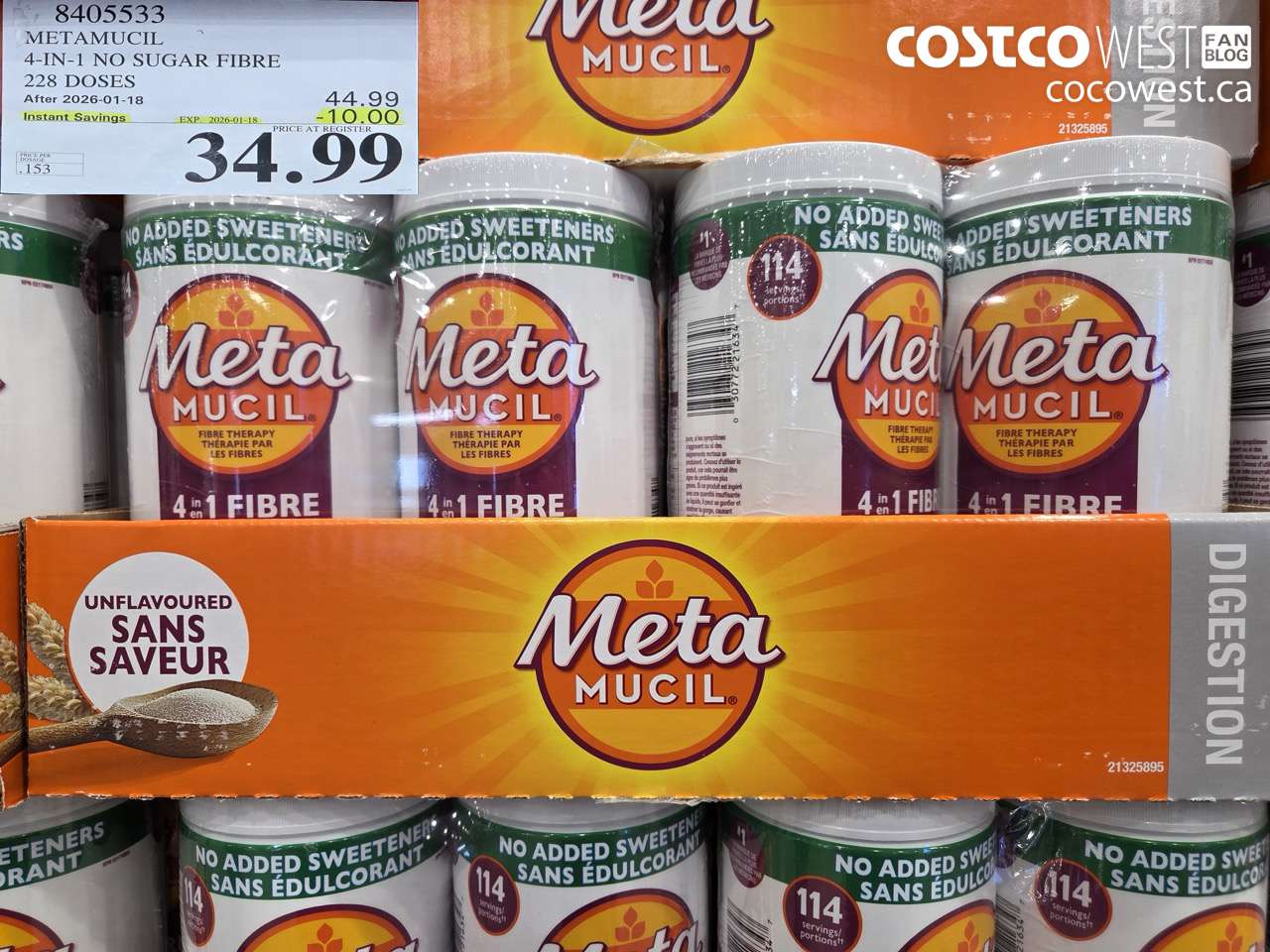 8405533 METAMUCIL 4-IN-1 NO SUGAR FIBRE 228 DOSES ($10.00 INSTANT SAVINGS EXPIRES ON 2026-01-18) $34.99