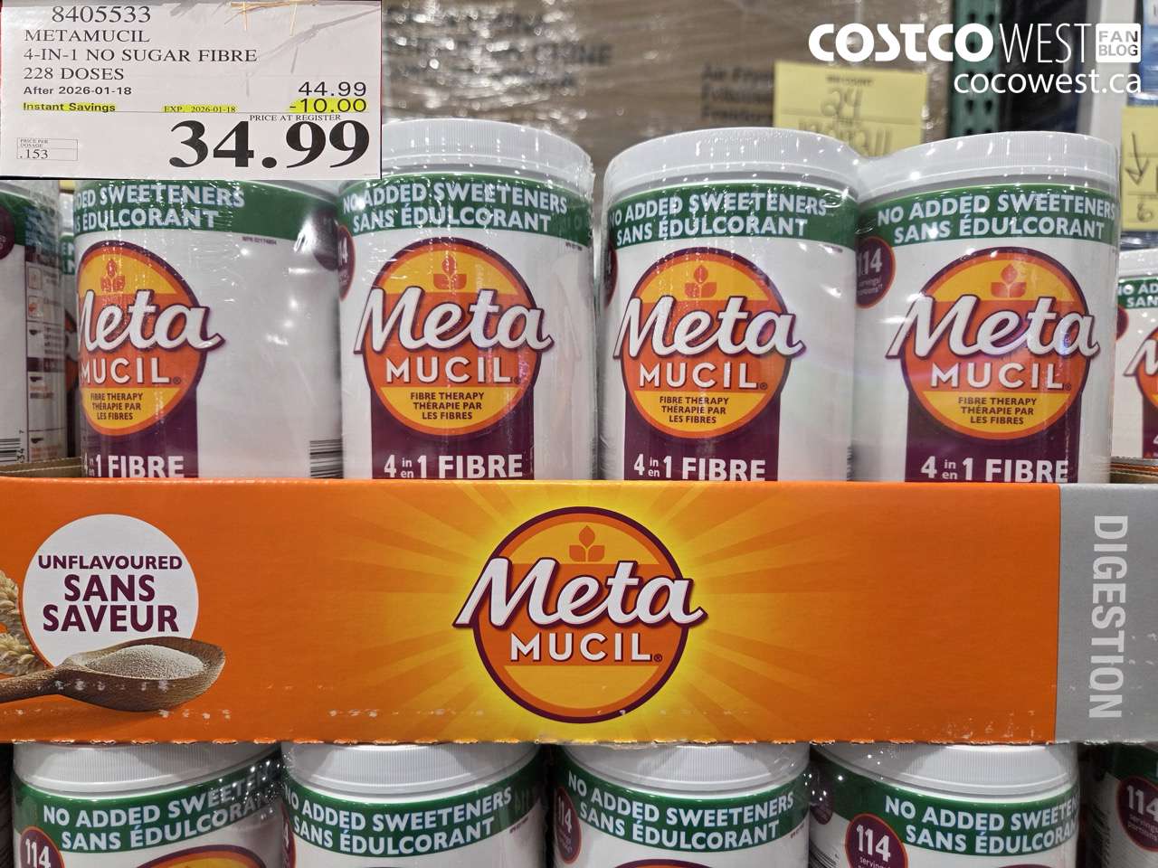 8405533 METAMUCIL 4-IN-1 NO SUGAR FIBRE 228 DOSES ($10.00 INSTANT SAVINGS EXPIRES ON 2026-01-18) $34.99