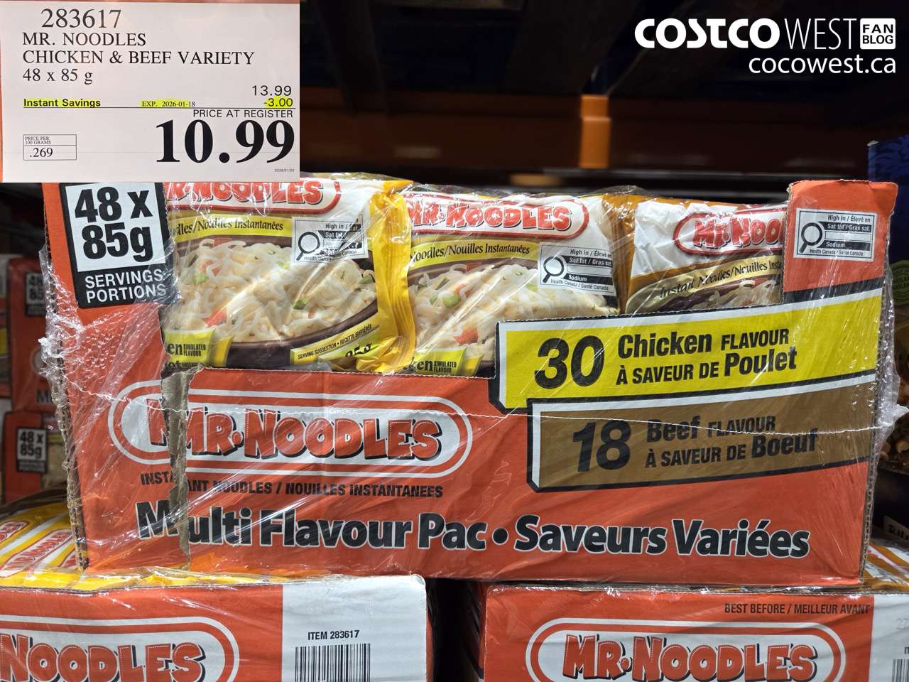 283617 MR. NOODLES CHICKEN & BEEF VARIETY 48 x 85 g ($3.00 INSTANT SAVINGS EXPIRES ON 2026-01-18) $10.99