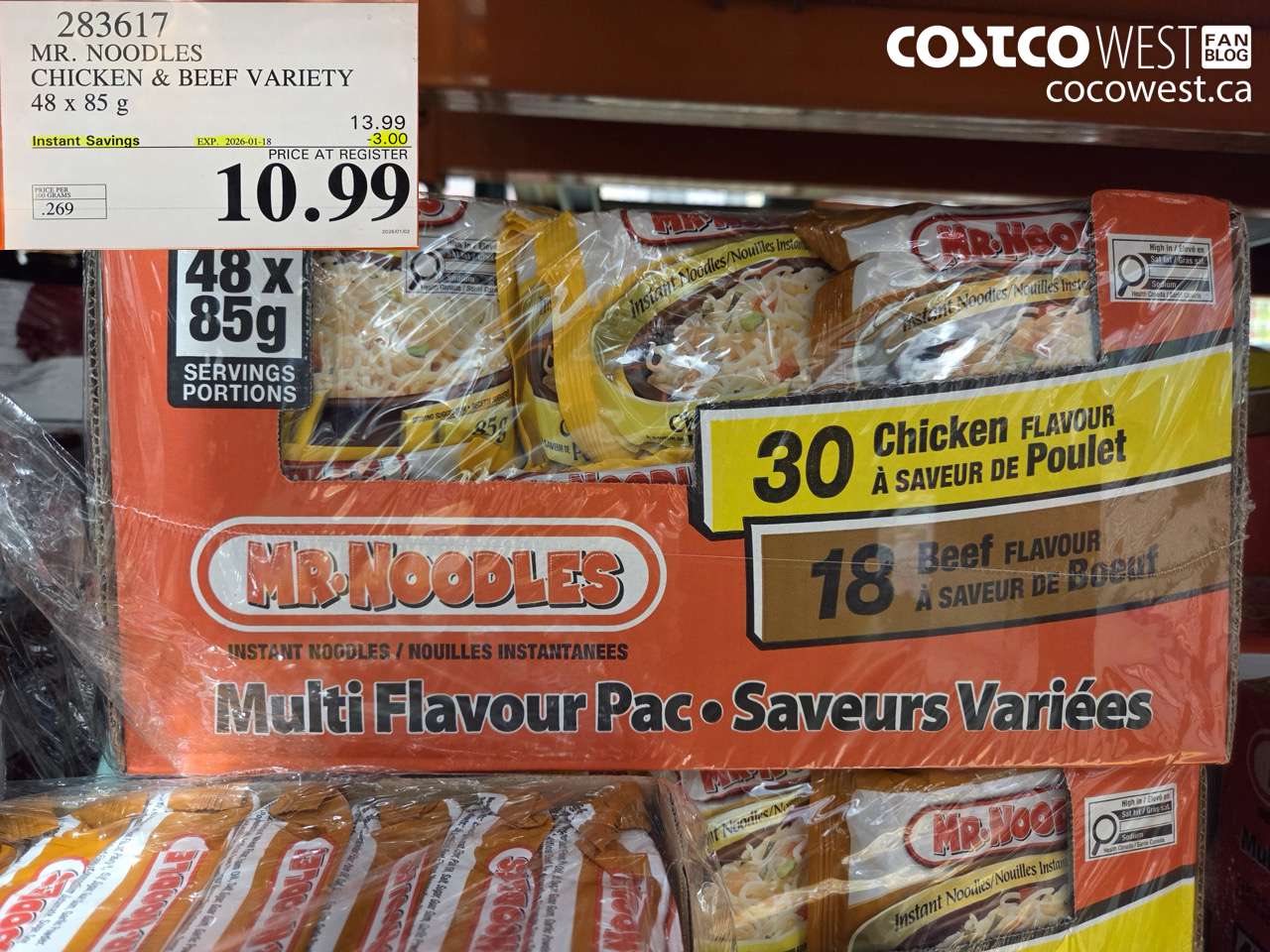 283617 MR. NOODLES CHICKEN & BEEF VARIETY 48 x 85 g ($3.00 INSTANT SAVINGS EXPIRES ON 2026-01-18) $10.99