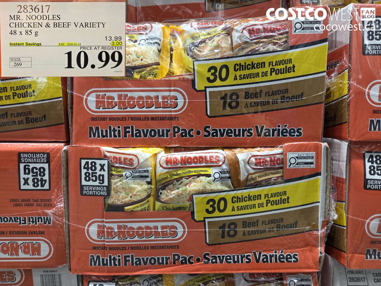283617 MR. NOODLES CHICKEN & BEEF VARIETY 48 x 85 g ($3.00 INSTANT SAVINGS EXPIRES ON 2026-01-18) $10.99