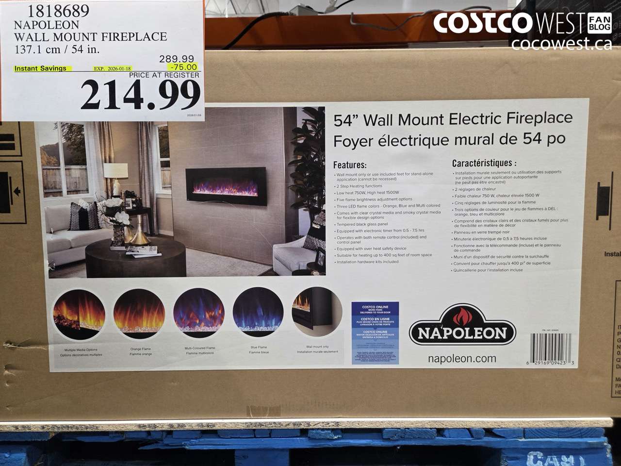 1818689 NAPOLEON WALL MOUNT FIREPLACE 137.1 CM / 54 IN ($75.00 INSTANT SAVINGS EXPIRES ON 2026-01-18) $214.99