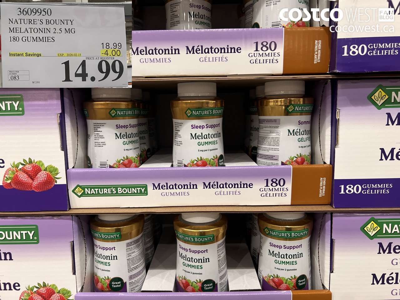 3609950 NATURE'S BOUNTY MELATONIN GUMMIES 180 GUMMIES ($4.00 INSTANT SAVINGS EXPIRES ON 2026-02-15) $14.99