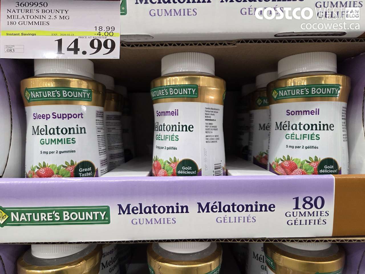 3609950 NATURE'S BOUNTY MELATONIN GUMMIES 180 GUMMIES ($4.00 INSTANT SAVINGS EXPIRES ON 2026-02-15) $14.99