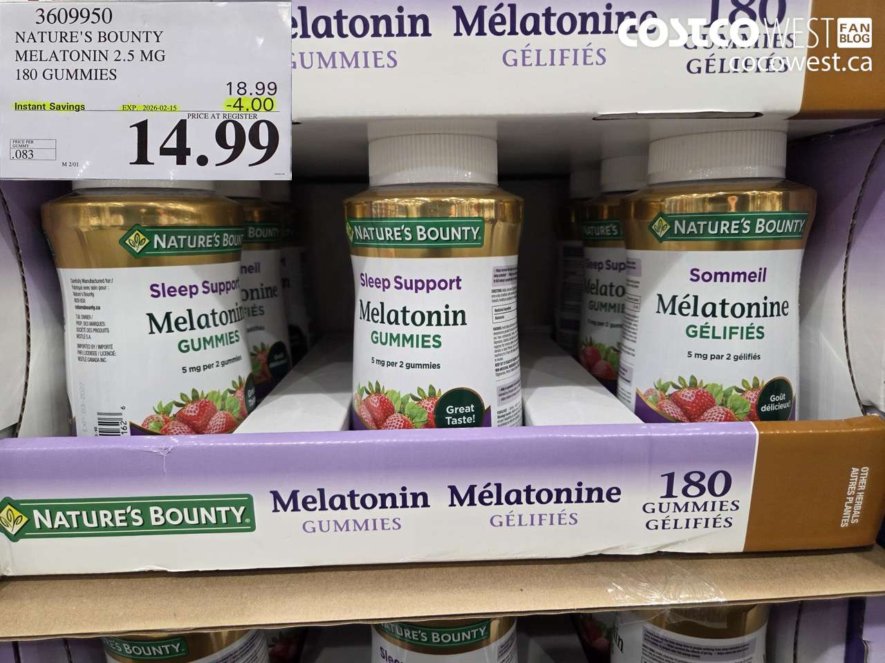 3609950 NATURE'S BOUNTY MELATONIN GUMMIES 180 GUMMIES ($4.00 INSTANT SAVINGS EXPIRES ON 2026-02-15) $14.99