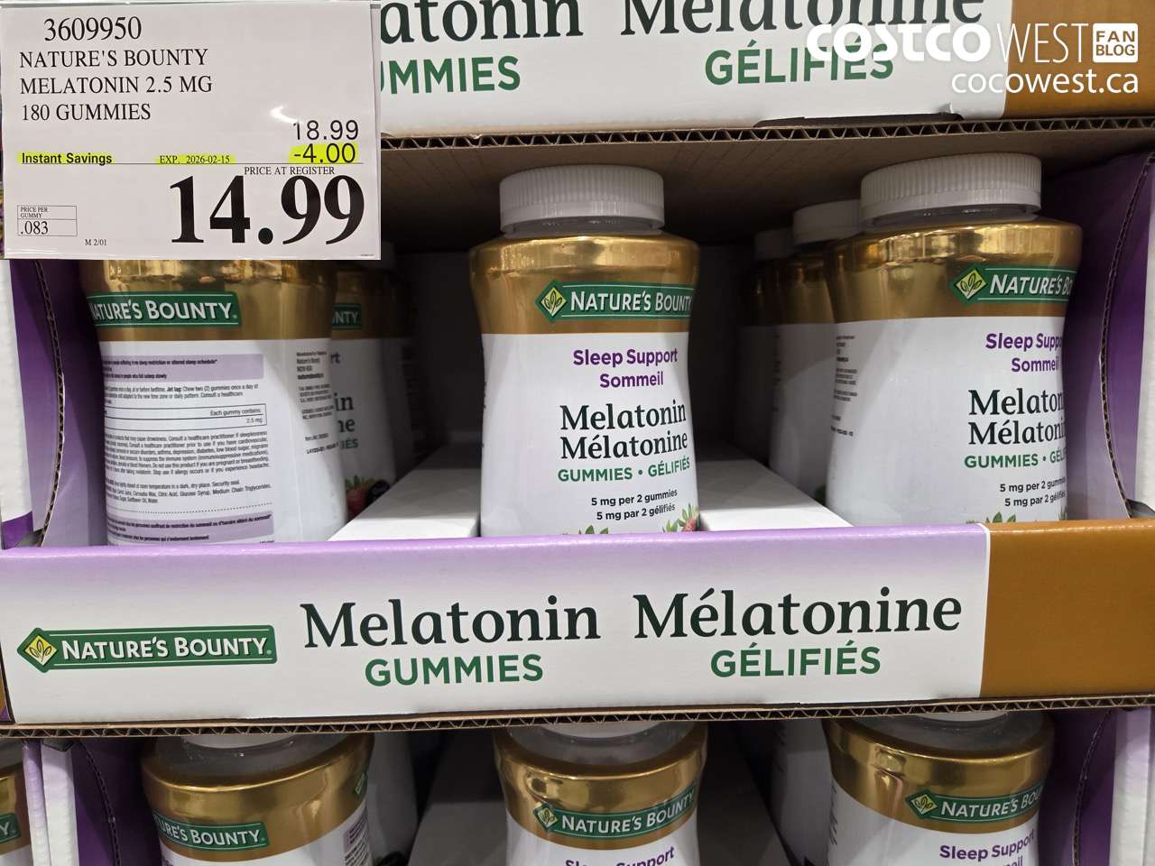 3609950 NATURE'S BOUNTY MELATONIN GUMMIES 180 GUMMIES ($4.00 INSTANT SAVINGS EXPIRES ON 2026-02-15) $14.99