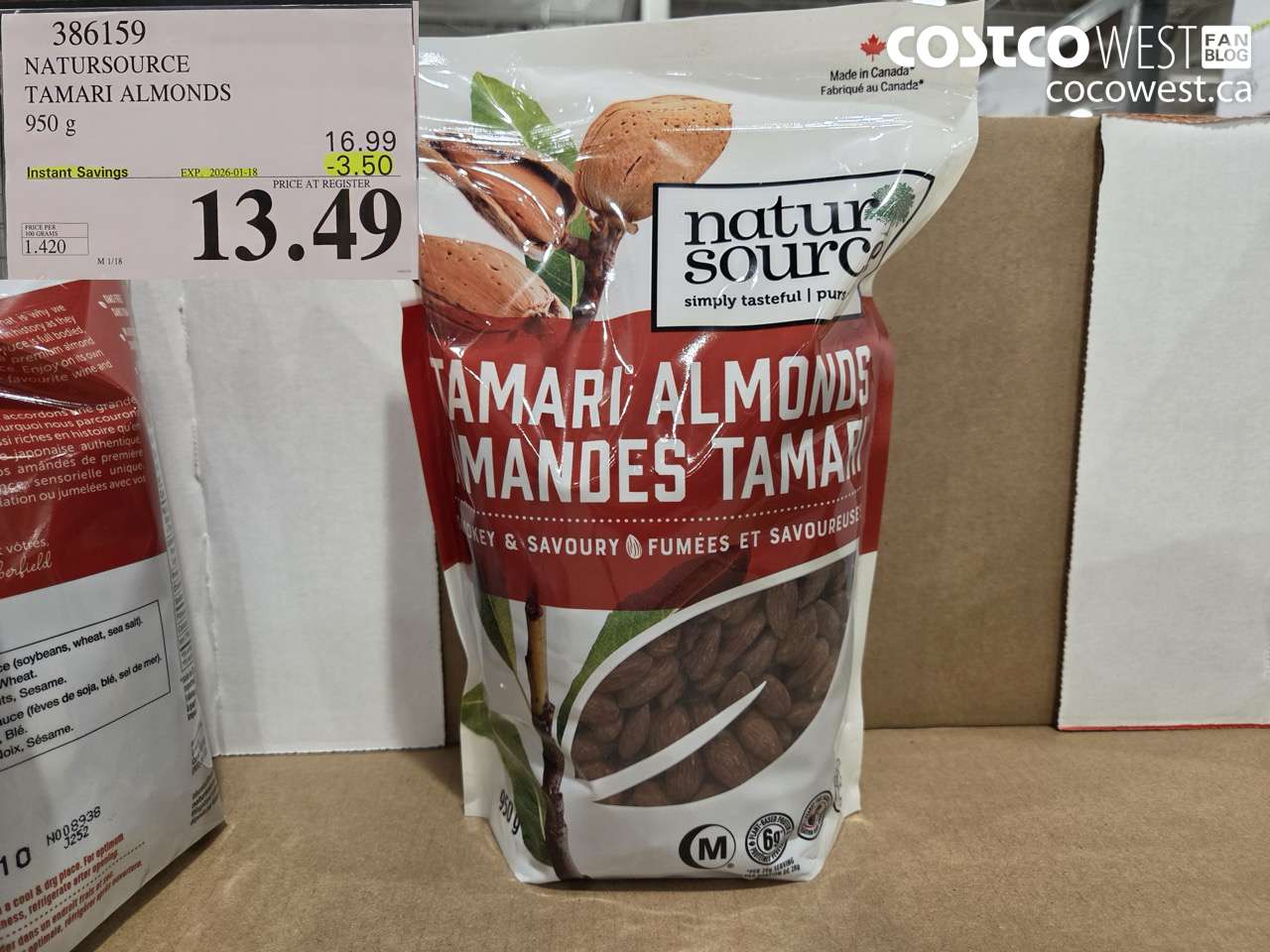 386159 NATURSOURCE TAMARI ALMONDS 950 g ($3.50 INSTANT SAVINGS EXPIRES ON 2026-01-18) $13.49