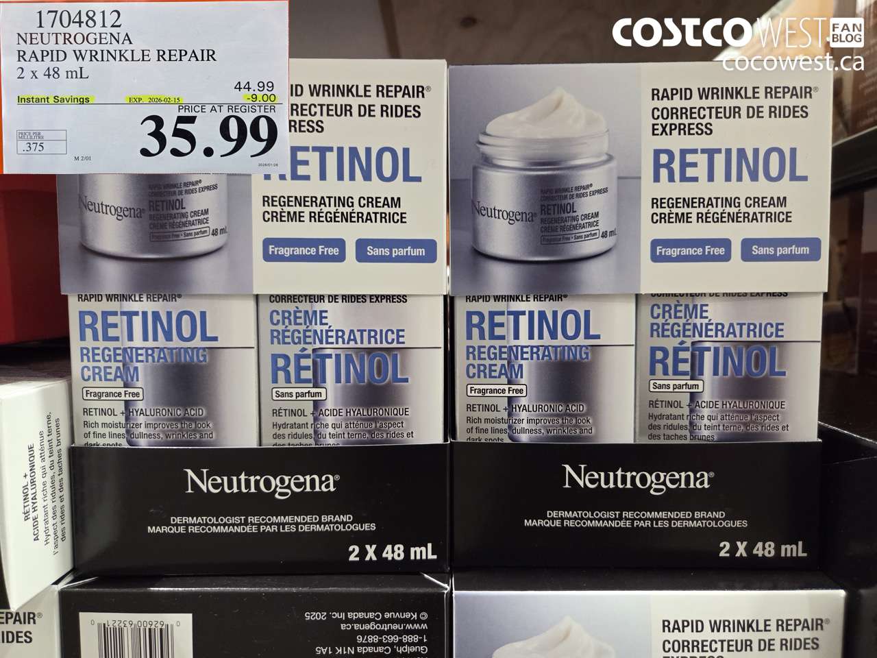 1704812 NEUTROGENA RAPID WRINKLE REPAIR 2 X 48ML ($9.00 INSTANT SAVINGS EXPIRES ON 2026-02-15) $35.99