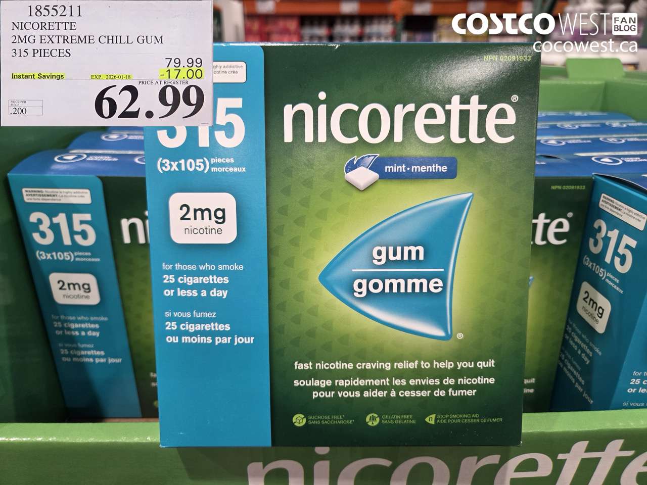 1855211 NICORETTE 2MG EXTREME CHILL GUM 315 PIECES ($17.00 INSTANT SAVINGS EXPIRES ON 2026-01-18) $62.99