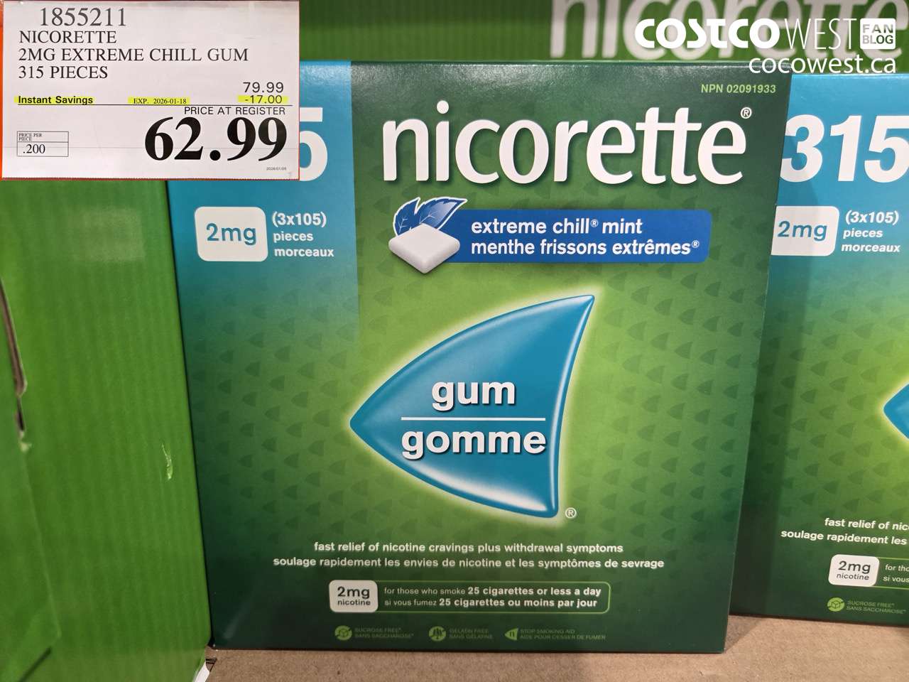 1855211 NICORETTE 2MG EXTREME CHILL GUM 315 PIECES ($17.00 INSTANT SAVINGS EXPIRES ON 2026-01-18) $62.99