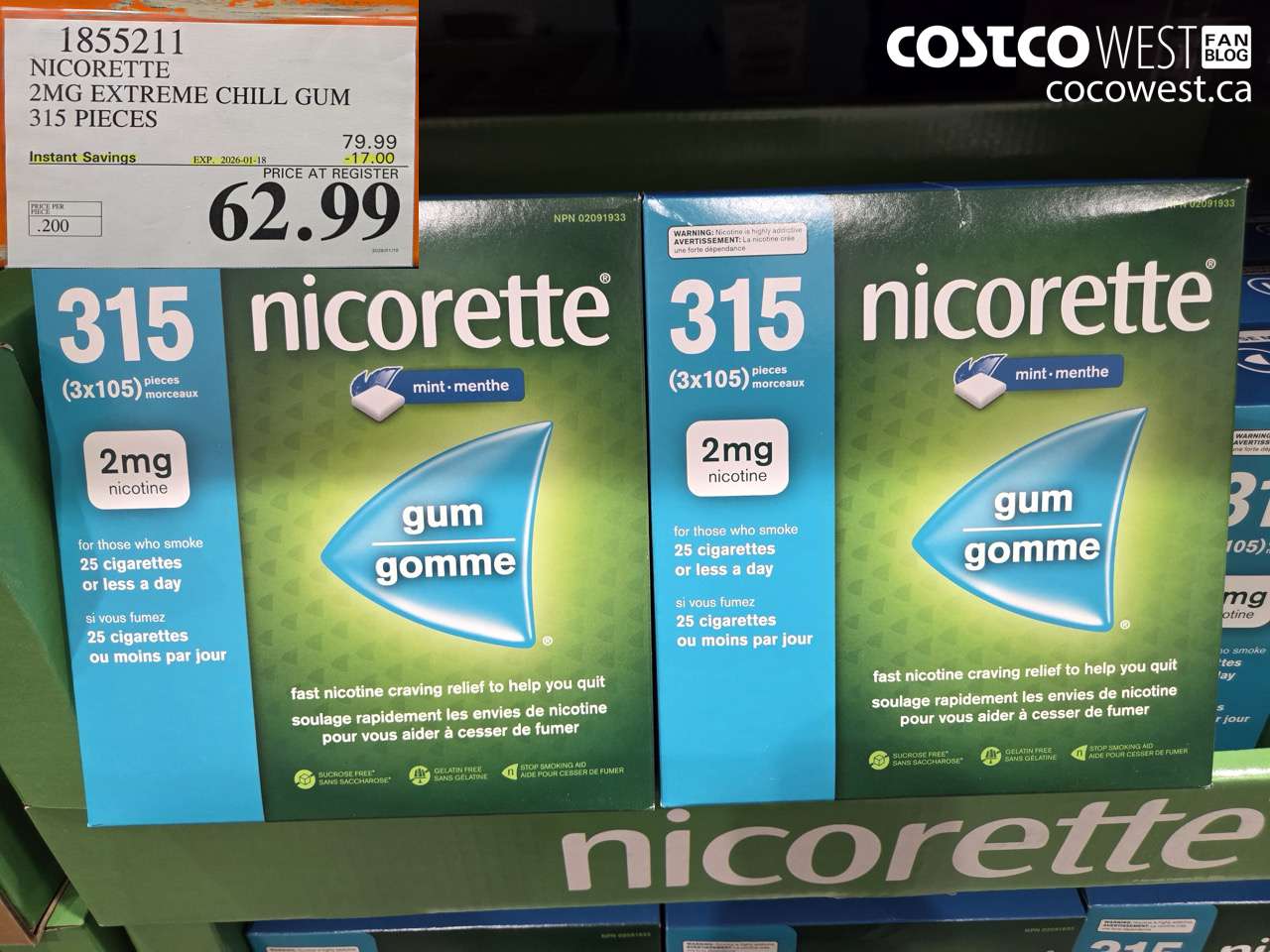 1855211 NICORETTE 2MG EXTREME CHILL GUM 315 PIECES ($17.00 INSTANT SAVINGS EXPIRES ON 2026-01-18) $62.99