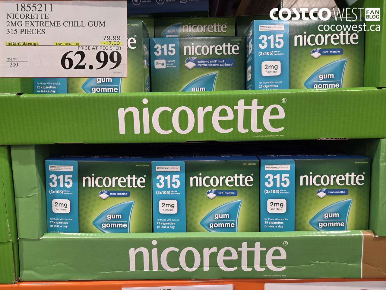 1855211 NICORETTE 2MG EXTREME CHILL GUM 315 PIECES ($17.00 INSTANT SAVINGS EXPIRES ON 2026-01-18) $62.99