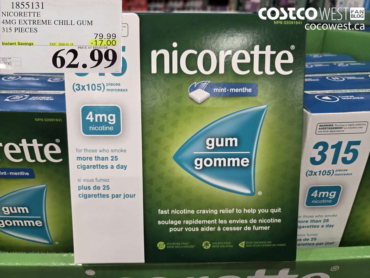1855131 NICORETTE 4MG EXTREME CHILL GUM 315 PIECES ($17.00 INSTANT SAVINGS EXPIRES ON 2026-01-18) $62.99