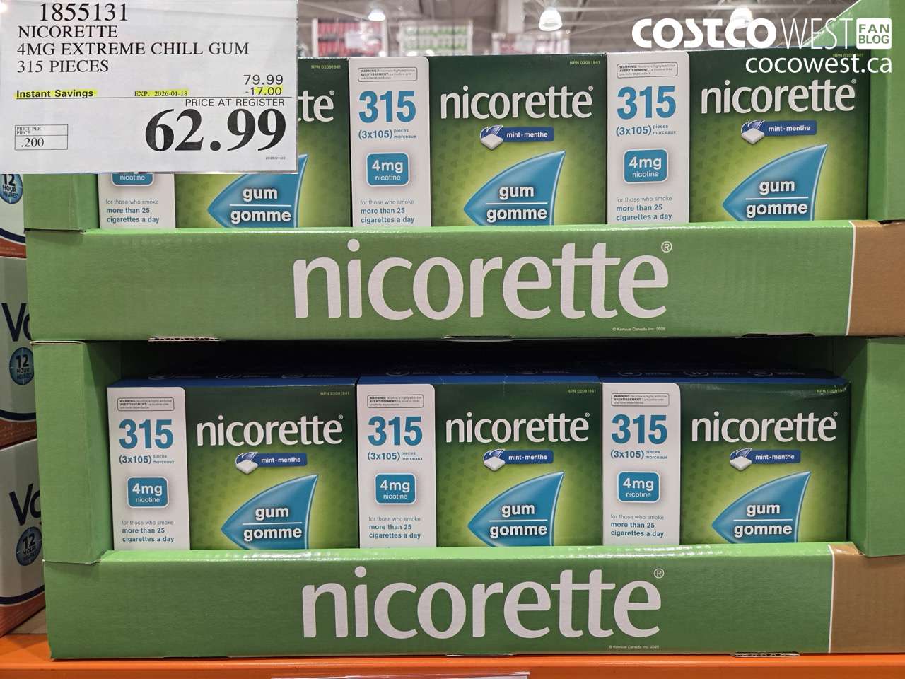 1855131 NICORETTE 4MG EXTREME CHILL GUM 315 PIECES ($17.00 INSTANT SAVINGS EXPIRES ON 2026-01-18) $62.99