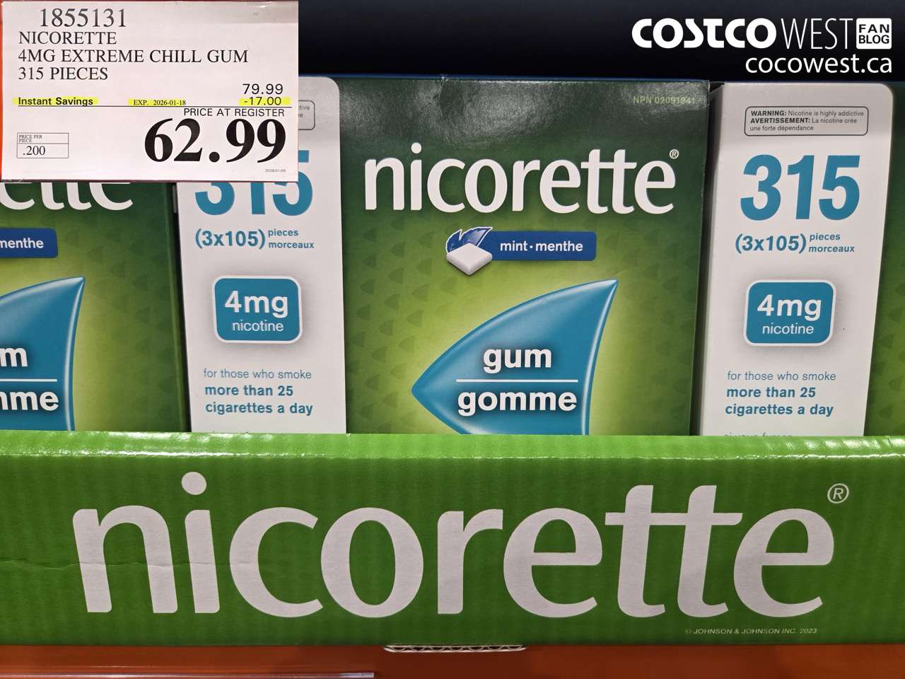 1855131 NICORETTE 4MG EXTREME CHILL GUM 315 PIECES ($17.00 INSTANT SAVINGS EXPIRES ON 2026-01-18) $62.99