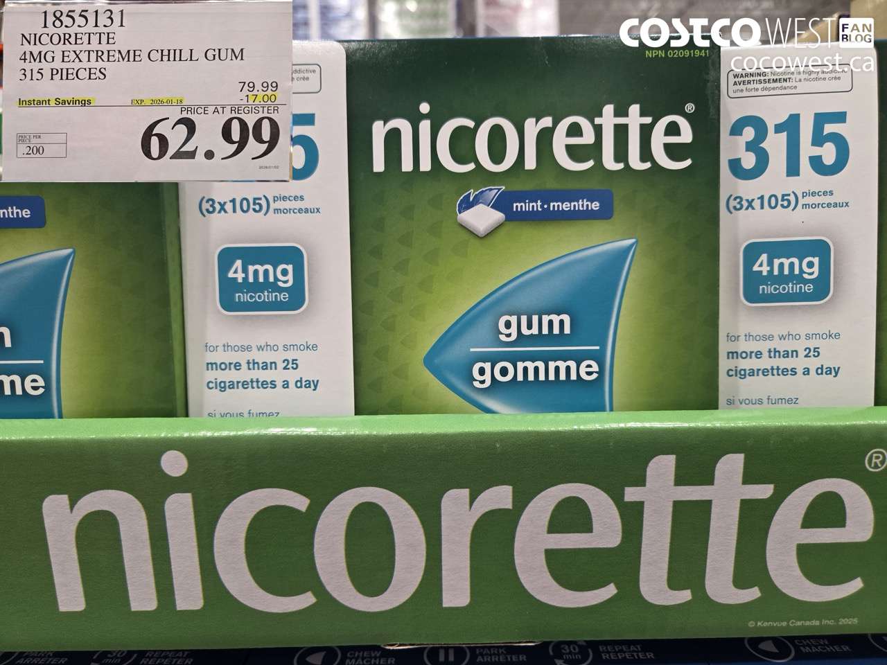 1855131 NICORETTE 4MG EXTREME CHILL GUM 315 PIECES ($17.00 INSTANT SAVINGS EXPIRES ON 2026-01-18) $62.99