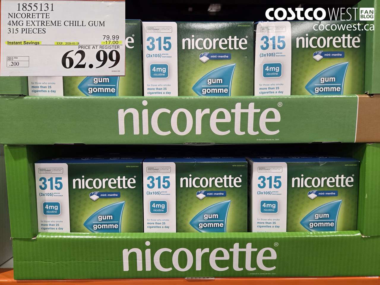 1855131 NICORETTE 4MG EXTREME CHILL GUM 315 PIECES ($17.00 INSTANT SAVINGS EXPIRES ON 2026-01-18) $62.99