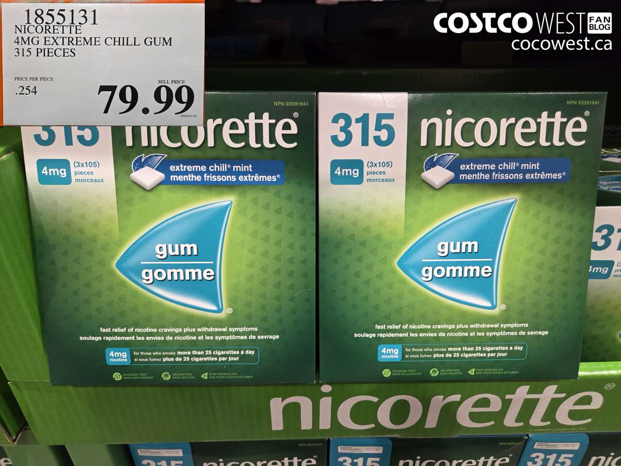 1855131 NICORETTE 4MG EXTREME CHILL GUM 315 PIECES $79.99