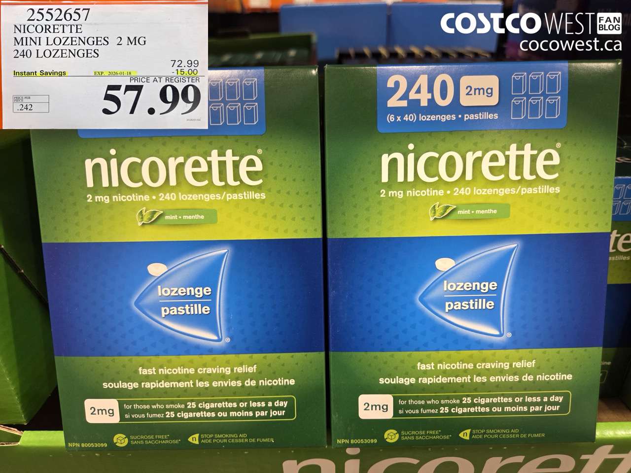 2552657 NICORETTE MINI LOZENGES 2MG 240 LOZENGES ($15.00 INSTANT SAVINGS EXPIRES ON 2026-01-18) $57.99