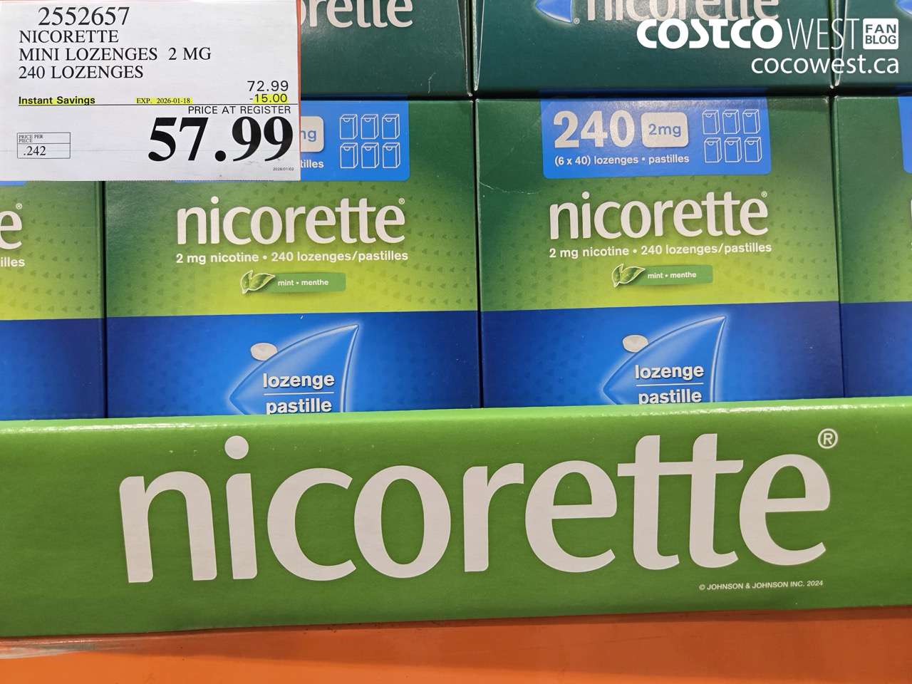 2552657 NICORETTE MINI LOZENGES 2MG 240 LOZENGES ($15.00 INSTANT SAVINGS EXPIRES ON 2026-01-18) $57.99