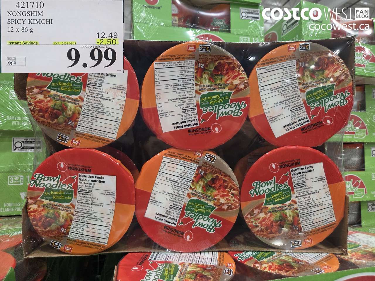 421710 NONG SHIM KIMCHI NOODLE BOWLS 12 x 86g ($2.50 INSTANT SAVINGS EXPIRES ON 2026-01-18) $9.99