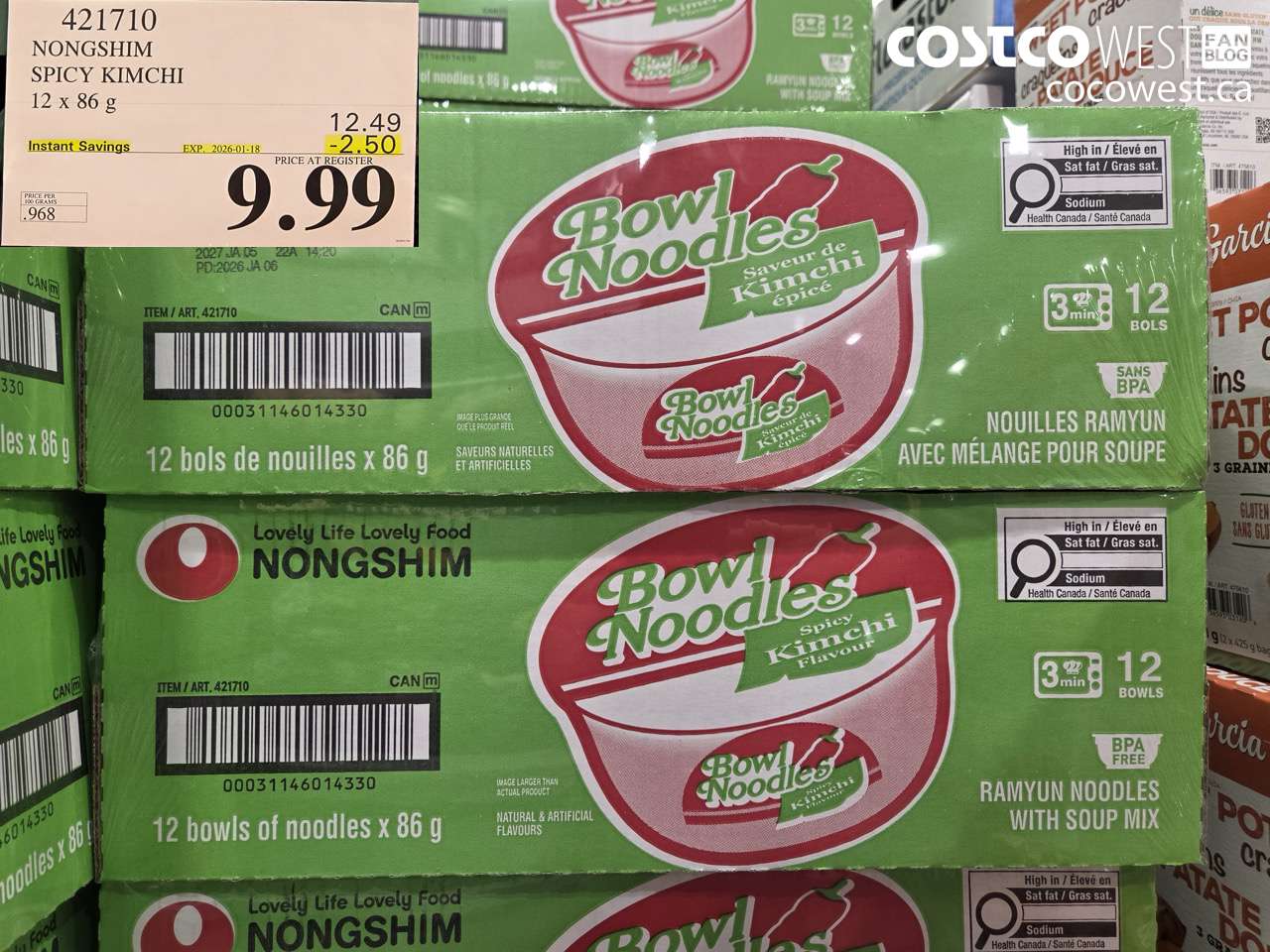 421710 NONG SHIM KIMCHI NOODLE BOWLS 12 x 86g ($2.50 INSTANT SAVINGS EXPIRES ON 2026-01-18) $9.99