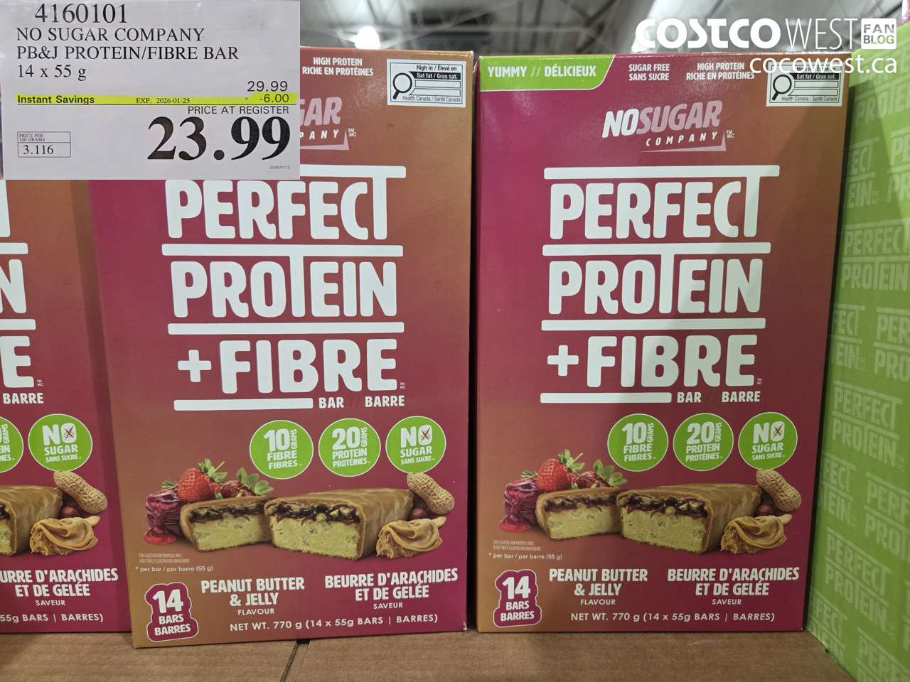 4160101 NO SUGAR COMPANY PB&J PROTEIN/FIBRE BAR 14 X 55G ($6.00 INSTANT SAVINGS EXPIRES ON 2026-01-25) $23.99