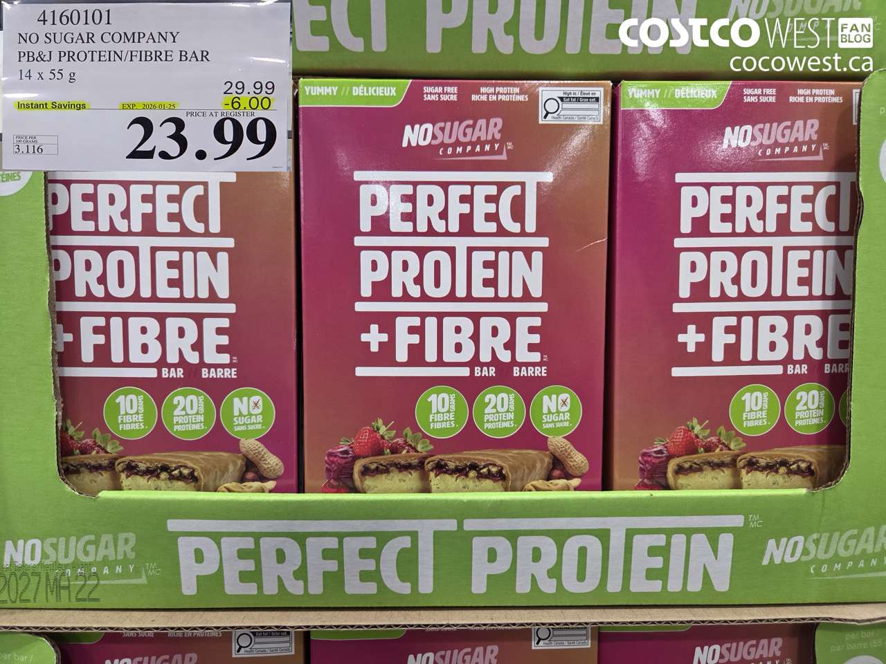 4160101 NO SUGAR COMPANY PB&J PROTEIN/FIBRE BAR 14 X 55G ($6.00 INSTANT SAVINGS EXPIRES ON 2026-01-25) $23.99