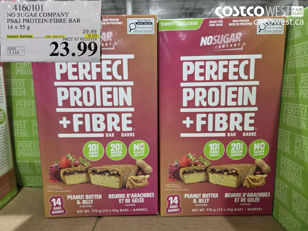 4160101 NO SUGAR COMPANY PB&J PROTEIN/FIBRE BAR 14 X 55G ($6.00 INSTANT SAVINGS EXPIRES ON 2026-01-25) $23.99