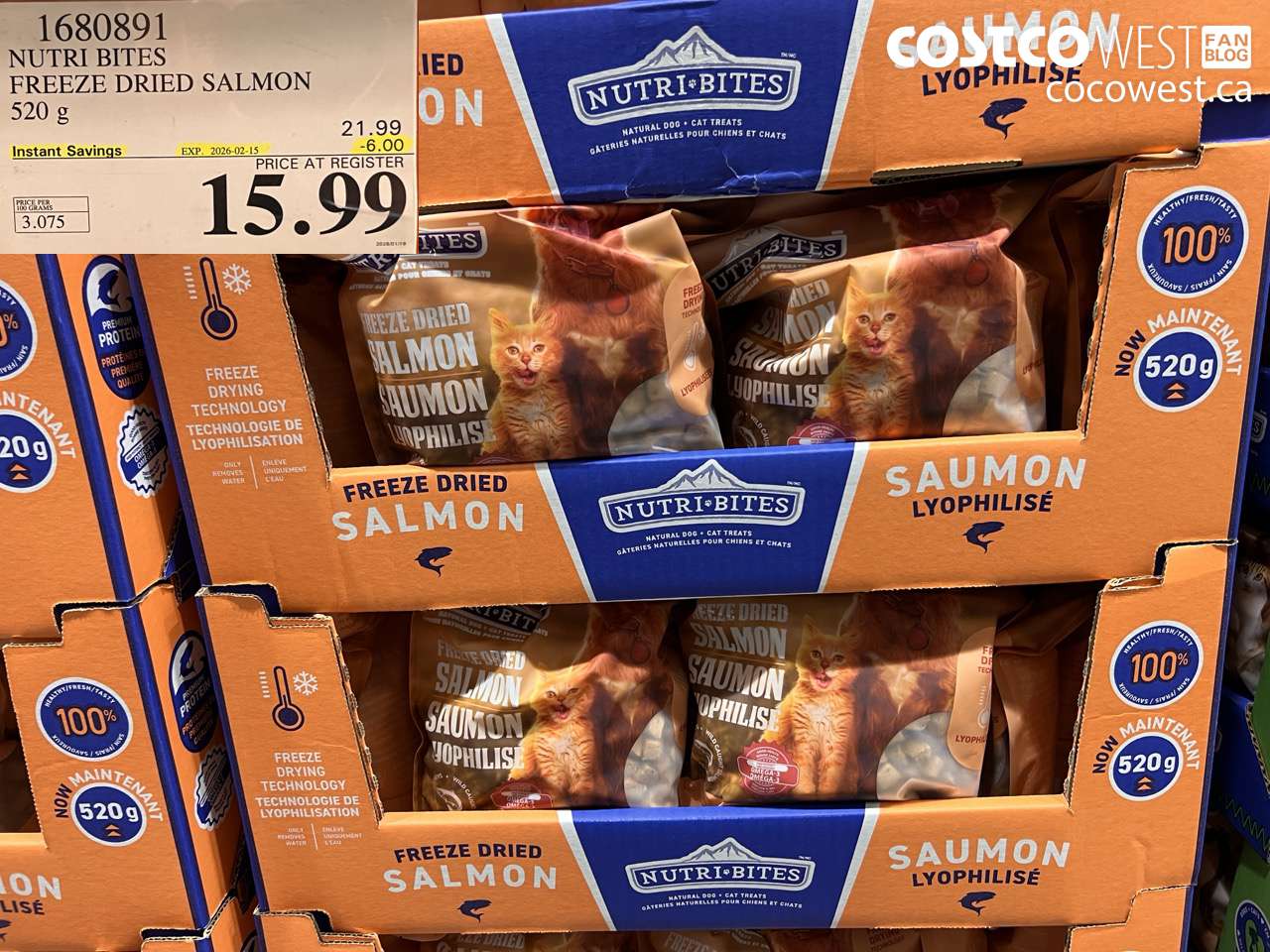 1680891 NUTRI BITES FREEZE DRIED SALMON 520G ($6.00 INSTANT SAVINGS EXPIRES ON 2026-02-15) $15.99