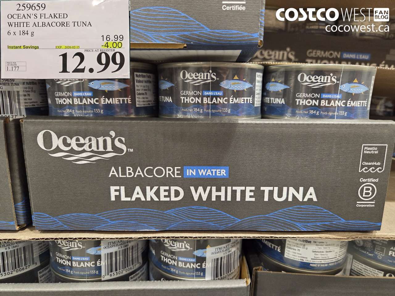259659 OCEAN'S FLAKED WHITE ALBACORE TUNA 6 x 184 g ($4.00 INSTANT SAVINGS EXPIRES ON 2026-02-15) $12.99