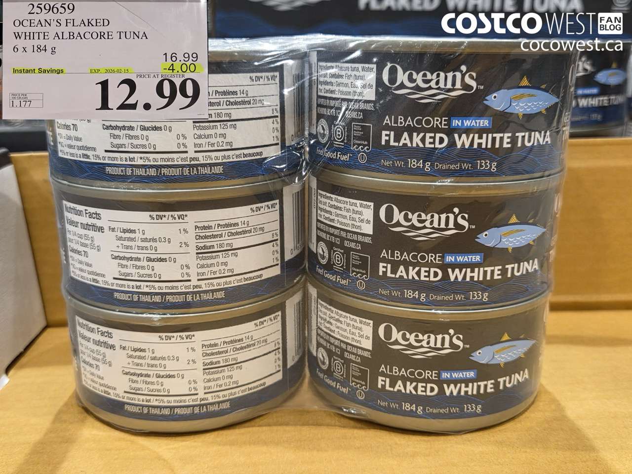 259659 OCEAN'S FLAKED WHITE ALBACORE TUNA 6 x 184 g ($4.00 INSTANT SAVINGS EXPIRES ON 2026-02-15) $12.99