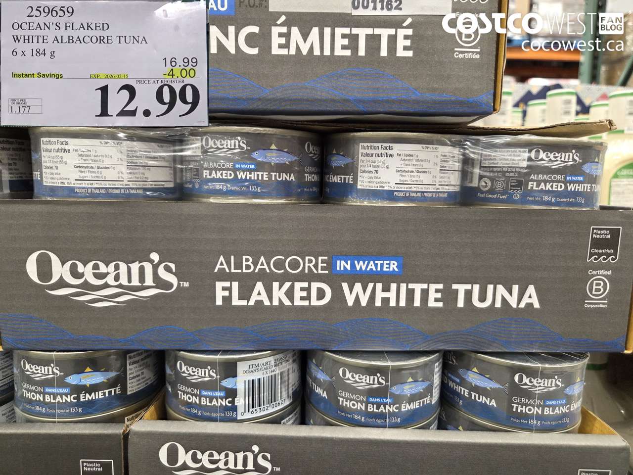 259659 OCEAN'S FLAKED WHITE ALBACORE TUNA 6 x 184 g ($4.00 INSTANT SAVINGS EXPIRES ON 2026-02-15) $12.99