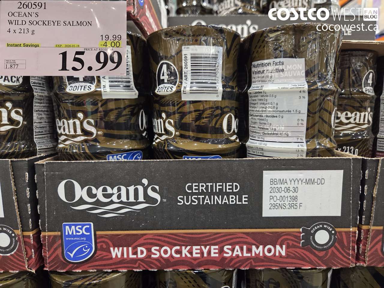 260591 OCEAN'S SOCKEYE SALMON 4 x 213 g ($4.00 INSTANT SAVINGS EXPIRES ON 2026-01-18) $15.99