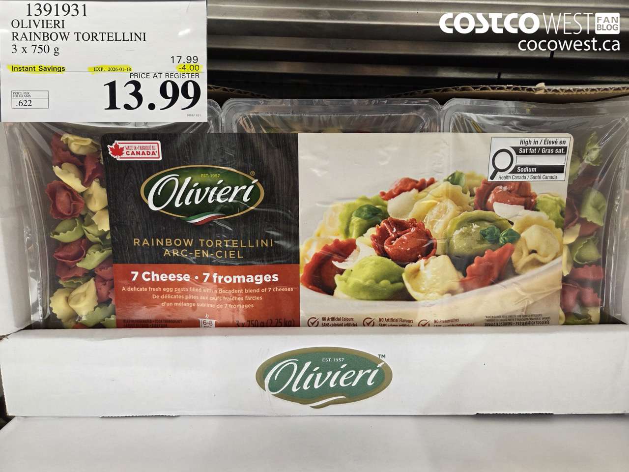 1391931 OLIVIERI RAINBOW TORTELLINI 3 x 750 g ($4.00 INSTANT SAVINGS EXPIRES ON 2026-01-18) $13.99