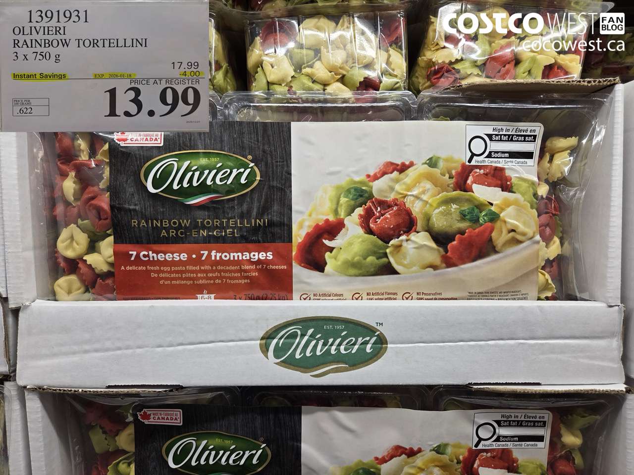 1391931 OLIVIERI RAINBOW TORTELLINI 3 x 750 g ($4.00 INSTANT SAVINGS EXPIRES ON 2026-01-18) $13.99