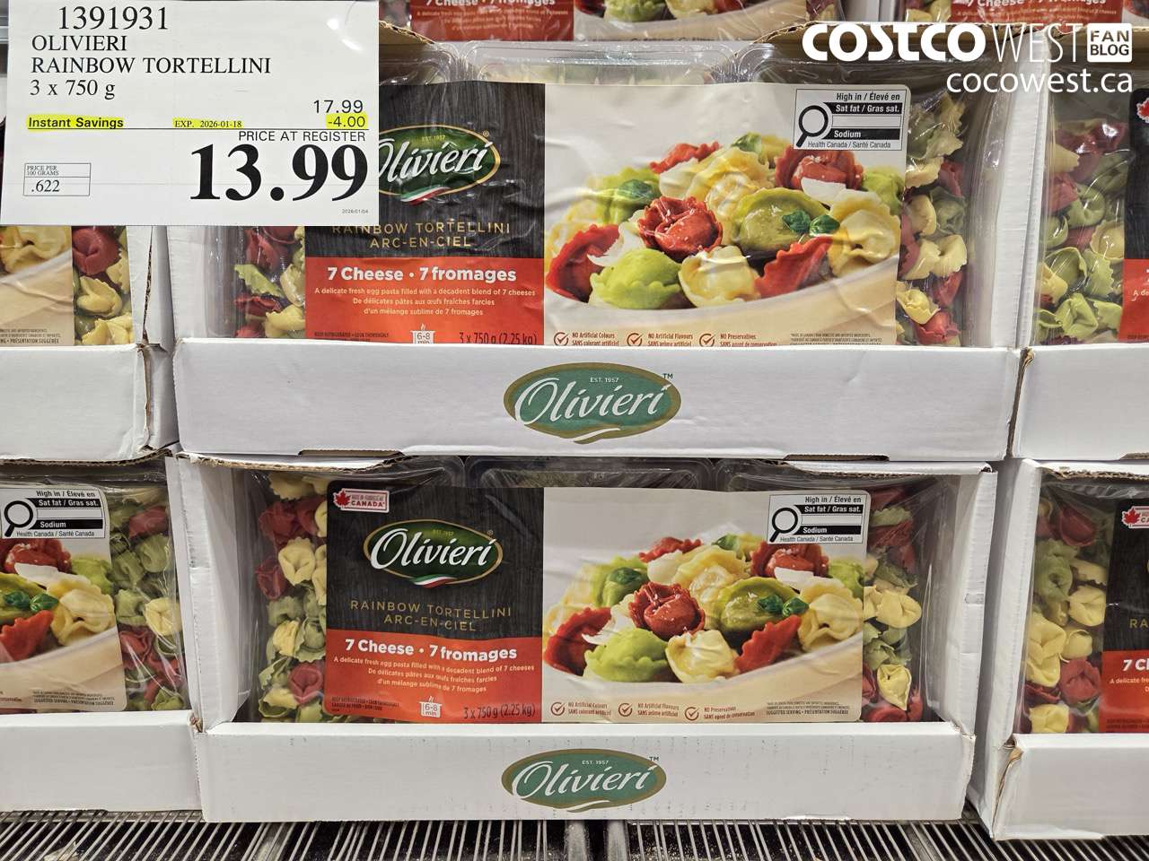1391931 OLIVIERI RAINBOW TORTELLINI 3 x 750 g ($4.00 INSTANT SAVINGS EXPIRES ON 2026-01-18) $13.99