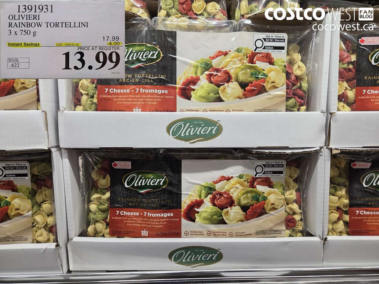 1391931 OLIVIERI RAINBOW TORTELLINI 3 x 750 g ($4.00 INSTANT SAVINGS EXPIRES ON 2026-01-18) $13.99
