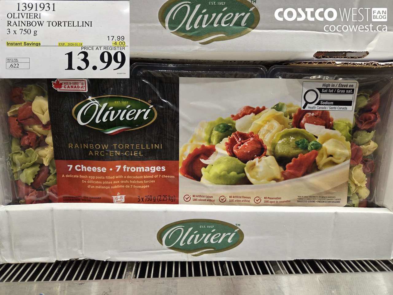 1391931 OLIVIERI RAINBOW TORTELLINI 3 x 750 g ($4.00 INSTANT SAVINGS EXPIRES ON 2026-01-18) $13.99