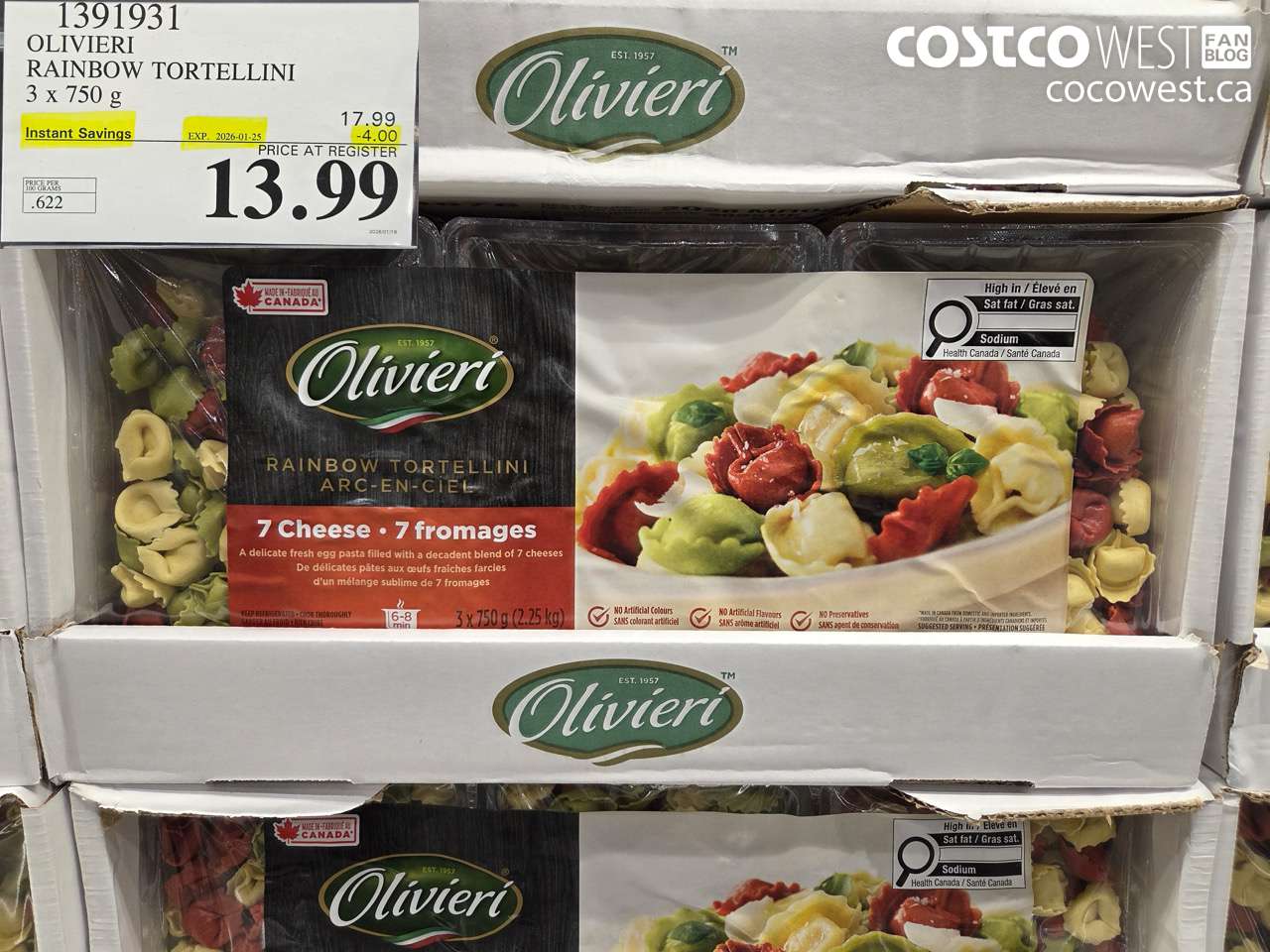 1391931 OLIVIERI RAINBOW TORTELLINI 3 x 750 g ($4.00 INSTANT SAVINGS EXPIRES ON 2026-01-25) $13.99