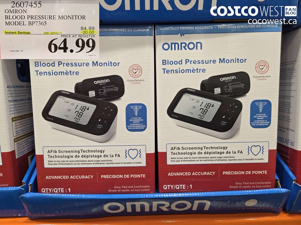 2607455 OMRON BLOOD PRESSURE MONITOR MODEL BP7365 ($20.00 INSTANT SAVINGS EXPIRES ON 2026-02-15) $64.99