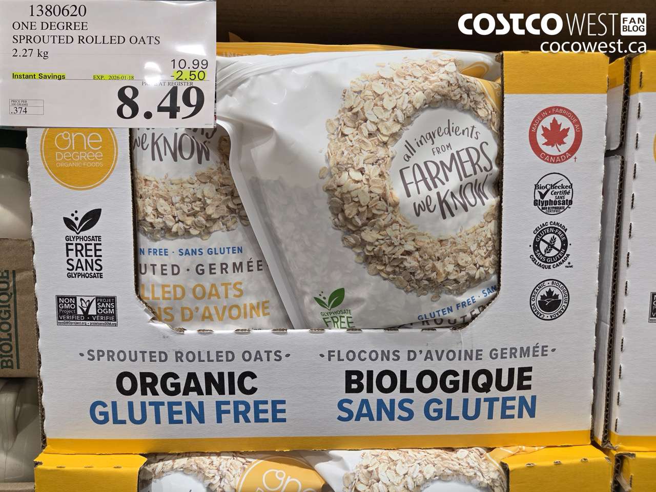 1380620 ONE DEGREE SPROUTED ROLLED OATS 2.27 KG ($2.50 INSTANT SAVINGS EXPIRES ON 2026-01-18) $8.49