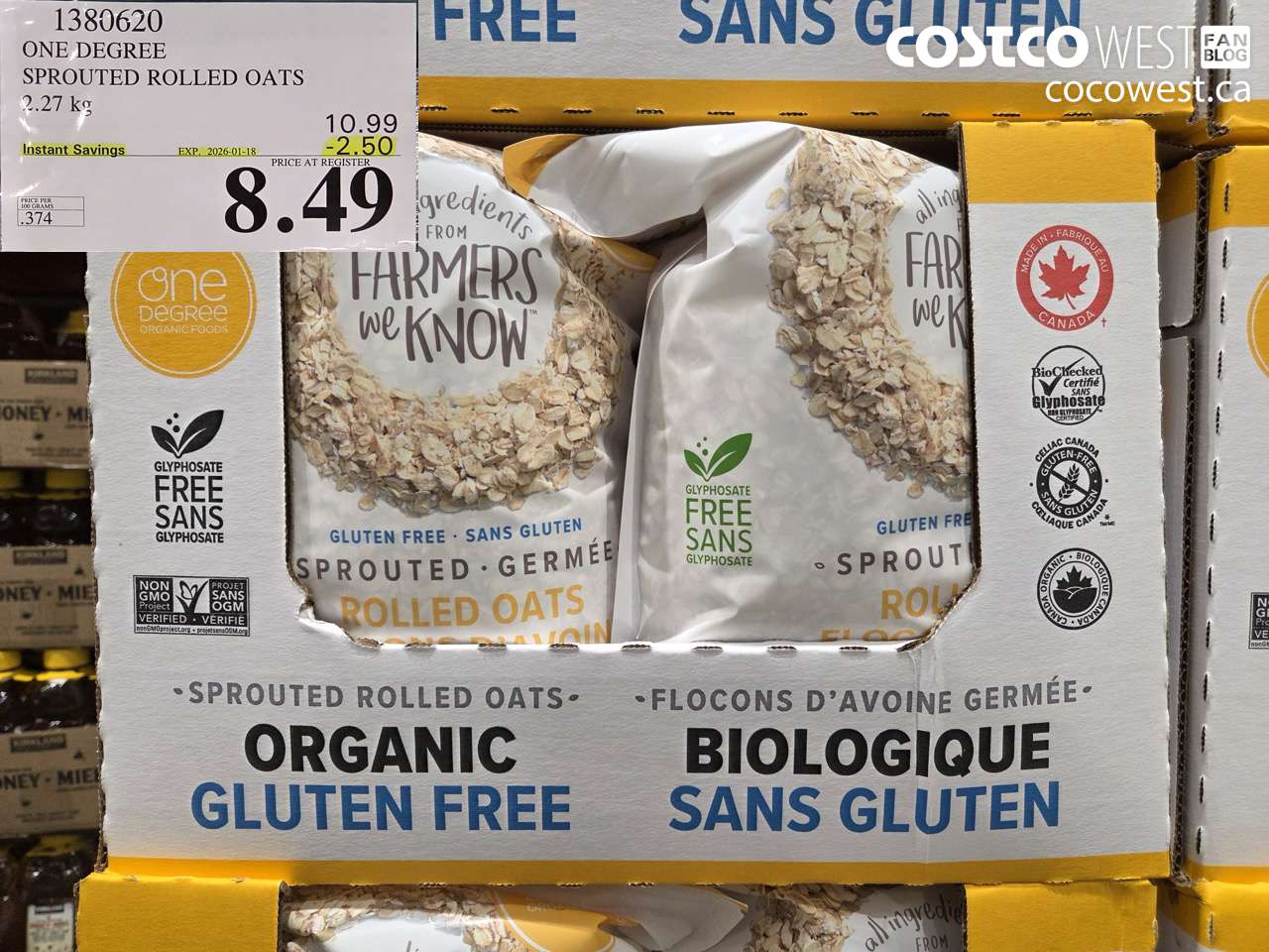 1380620 ONE DEGREE SPROUTED ROLLED OATS 2.27 KG ($2.50 INSTANT SAVINGS EXPIRES ON 2026-01-18) $8.49
