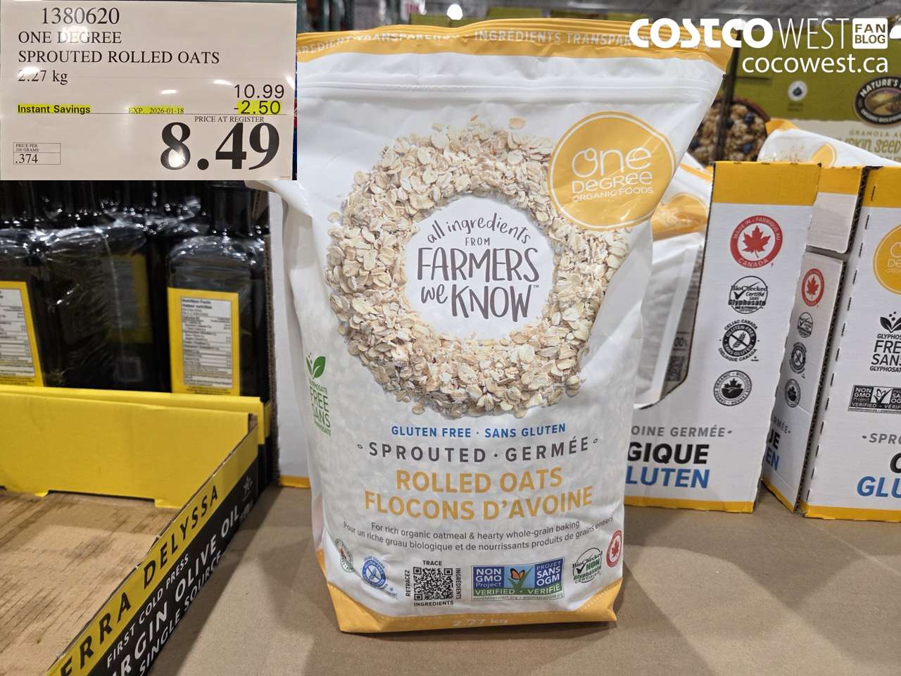 1380620 ONE DEGREE SPROUTED ROLLED OATS 2.27 KG ($2.50 INSTANT SAVINGS EXPIRES ON 2026-01-18) $8.49